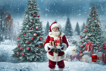 Père Noël traditionnel en habit de velours rouge et fourrure blanche avec son chapeau à pompon, dans une forêt enneigée avec la neige qui tombe avec des cadeaux, devant des sapins - obrazy, fototapety, plakaty