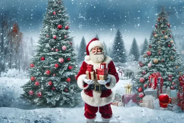 Fotobehang Père Noël traditionnel en habit de velours rouge et fourrure blanche avec son chapeau à pompon, dans une forêt enneigée avec la neige qui tombe avec des cadeaux, devant des sapins © Noble Nature