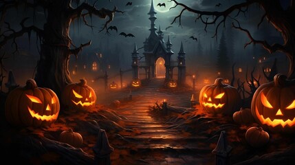 Spooky Halloween graveyard scene featuring two Jack o' Lanterns in the foreground, AI-generated.