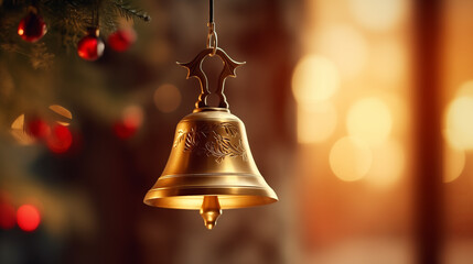 Golden bell decorated on Christmas tree, Christmas.