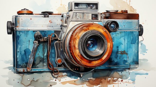 An illustration of an old retro camera in colorful watercolor paints, isolated on a white background