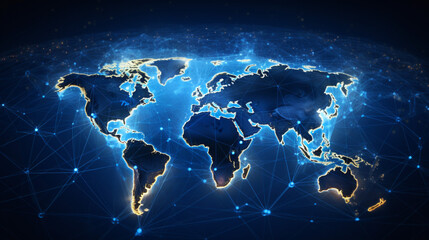 World interactive map displaying global network of users. Futuristic technology transformation. Banner.
