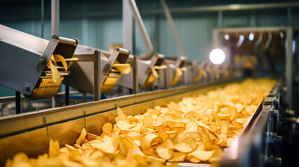 Potato chips production line at the factory. potato chips and snacks. Generative AI - obrazy, fototapety, plakaty