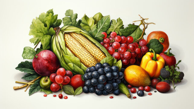 Illustration of various fruits and vegetables in colorful watercolors