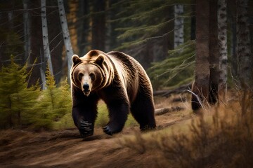 angry running grizzly bear in the forest, made with