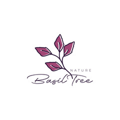 Fototapeta na wymiar basil tree leaves nature purple line style minimalist feminine simple logo design vector illustration