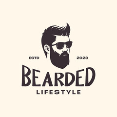 cool man portrait bearded hairstyle sunglasses mascot character vintage retro style logo design vector illustration