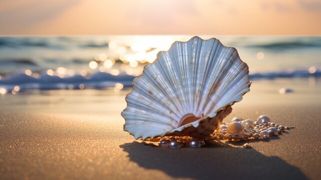 seashell on the beach at sunset  generated by AI