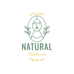 beauty women long hair nature treatment leaves herbal line style simple logo design vector icon illustration