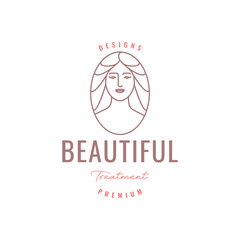 beauty face women portrait long hair salon treatment line style minimal cartoon mascot character logo design vector icon illustration