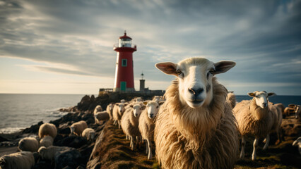 Curious sheep looking at the camera near the lighthouse on the beach, with sky and sea. - obrazy, fototapety, plakaty
