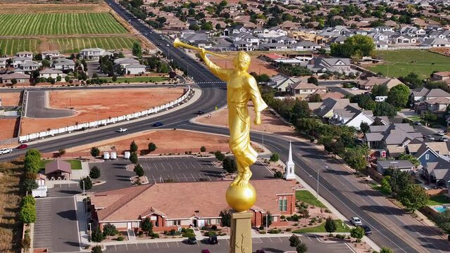 Aerial LDS Red Cliff Temple Angel Moroni St George Utah. Red Cliff Temple, The Church of Jesus Christ of Latter-day Saints, LDS or Mormon religion. Eternal family ordnances. Beautiful sacred building.