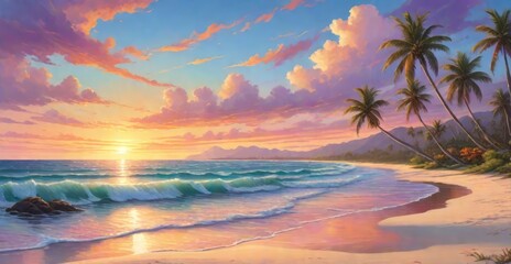 Fototapeta na wymiar sunset on the beach With palm tree . illustration