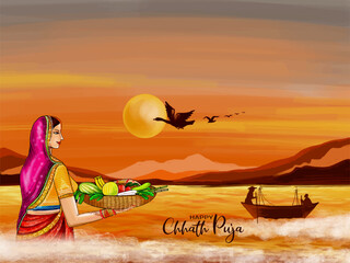 Obraz premium Happy Chhath puja Indian festival celebration greeting card