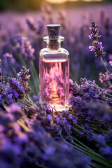 Obraz na płótnie Canvas Glass bottle of lavender essential oil with fresh lavender flowers in lavender field. Generative AI