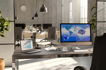 Modern loft office interior with furniture, industrial style, 3D rendering.
