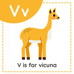 Learning English alphabet for kids. Letter V. Cute cartoon vicuna.