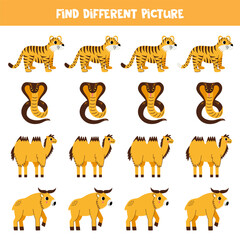 Find different Asian animal in each row. Logical game for preschool kids.