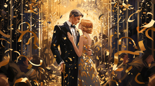 Couple at Art Deco New Year's Eve Party Celebration Golden Gatsby Style Early 20th Century Banner Fashion Illustration 