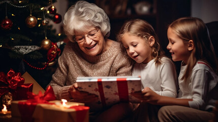 copy space, stockphoto, grandmother with grandchildren celebrating christmas, opening presents. Portrait of a happy grandmother with her grandchildren during Christmas time. Togetherness, family conce