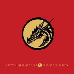 Happy New Year, 2024 the year of the Dragon. Chinese new year 2024. Poster with a stylized dragon head and hieroglyph (Translation: year of the Dragon).