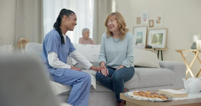 Medical, support and friends with nurse and old woman on sofa for empathy, volunteer or talking. Healthcare, retirement and rehabilitation with patient and caregiver in nursing home for conversation