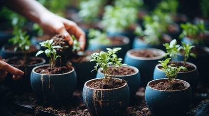 Hands plant young plants, seedlings in pots.