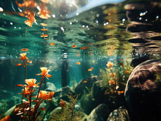 Bubbles and bokeh in clear green ocean underwater.