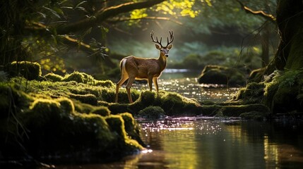 Obraz na płótnie Canvas AI generated illustration of a majestic deer standing on a lush riverbank, surrounded by forest
