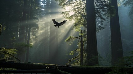 AI generated illustration of an eagle soaring through a lush forest, its majestic wings spread wide - obrazy, fototapety, plakaty