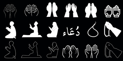 Praying Hands Vector Illustration featuring diverse Islamic religious symbols and figures in prayer positions. Ideal for spiritual, faith-based projects, and religious education materials.