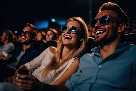 Man with beard holding hand of young woman watches movie and couple has smiles on faces.
