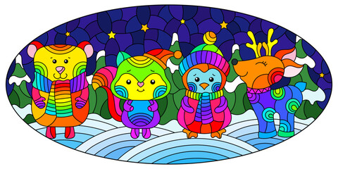 An illustration in the style of a stained glass window on the theme of New Year holidays , cute animals on the background of a winter night landscape