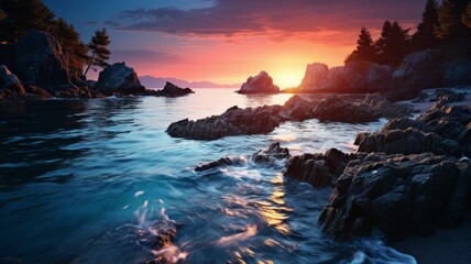 A serene coastal sunset with waves crashing against rocky shore. - obrazy, fototapety, plakaty