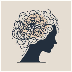 anxiety stressed confused and strain of head with round scribbles vector feeling and thoughts, unhappy human, headache, tension, anxiety, pain, feeling depressed anxious scared woman mental disorder - obrazy, fototapety, plakaty