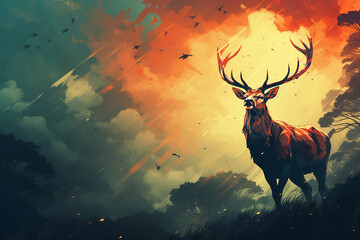 deer in the sunset illustration image generated by AI