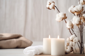 Fototapeta na wymiar candles and cotton bouquet on a clean table, relaxation spa, wellness, beauty, massage therapy, luxury aesthetic