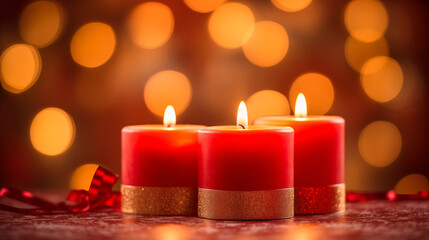 Christmas candles and ball decorations light the background.