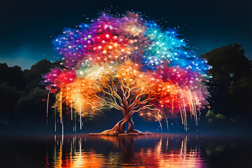 Art of willow tree multicolor, dreamy magical style. - obrazy, fototapety, plakaty
