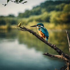 Fototapeta premium a bird with orange feathers perches on the branch by the water