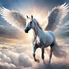 Obraz na płótnie Canvas AI generated illustration of a majestic white horse soaring through the sky with wings outstretched
