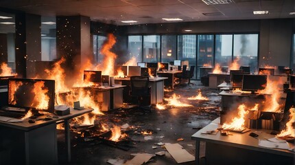 ビジネスオフィスで火災が発生、ビル火災｜A fire breaks out in a business office. building fire. Generative AI - obrazy, fototapety, plakaty