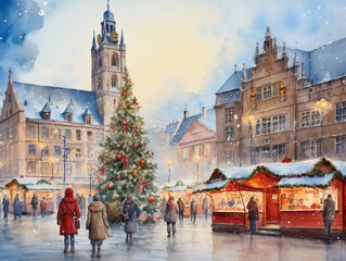 Obraz premium Christmas Market in Europe with shoppers and a Christmas Tree