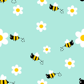 Bees and daisies on a mint green background