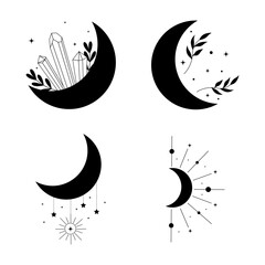 Celestial Moon Decoration Icon Set. Magical Seamless Design Style. Vector Illustration. 