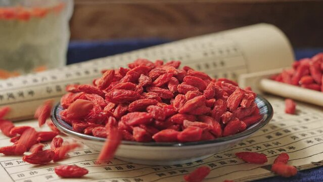 Dried Chinese wolfberries or Goji berry or Matrimony vine on table.
