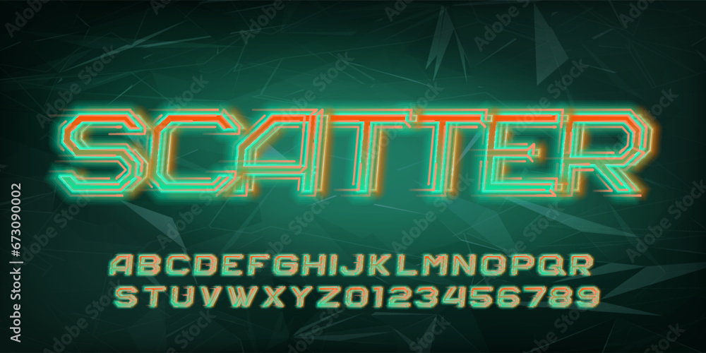 Poster scatter alphabet font. neon light letters and numbers with a speed effect. abstract polygonal backgr