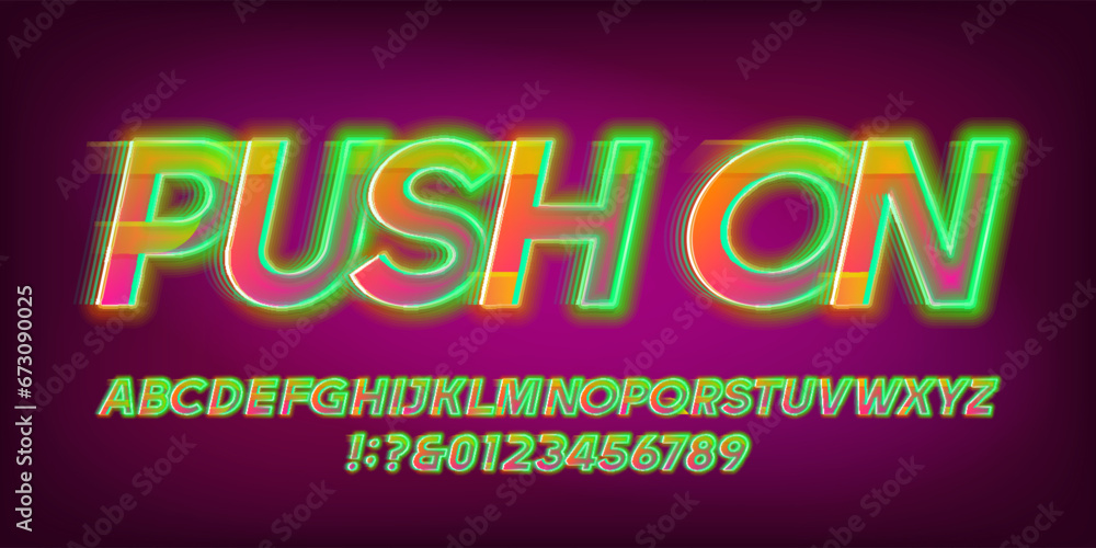 Poster push on alphabet font. neon light letters and numbers with a speed effect. stock vector typeface for