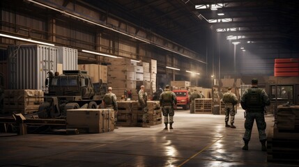 Hangar. Military air base. Loading works. Military supply system for modern military operations. Process of unloading and redistributing ammunition and weapons for modern warfare.