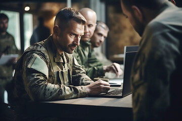 A bearded serious man in a military uniform sits in the headquarters and looks at a laptop. Military meeting - obrazy, fototapety, plakaty